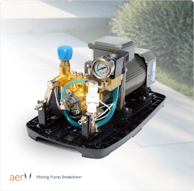 High pressure misting pump with labeled internal components