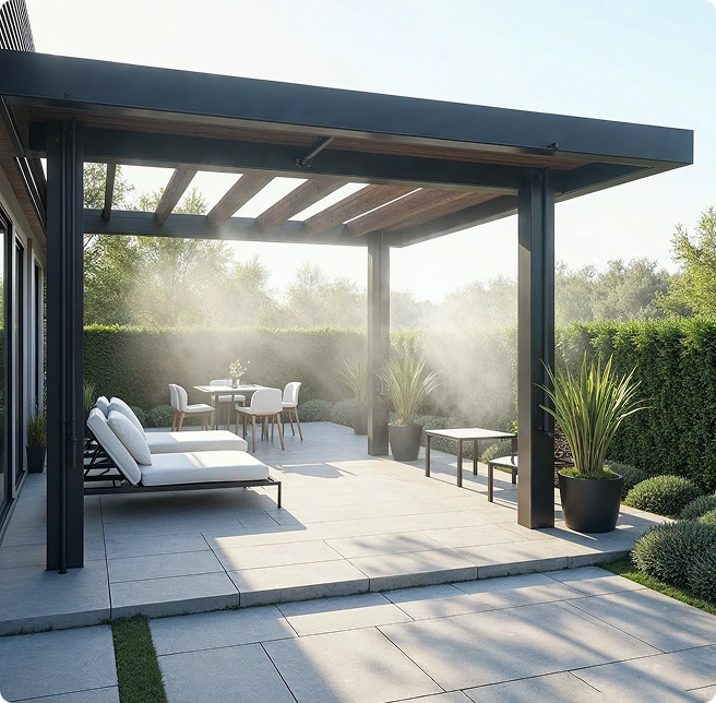 High pressure misting system cooling an outdoor patio without leaving surfaces wet
