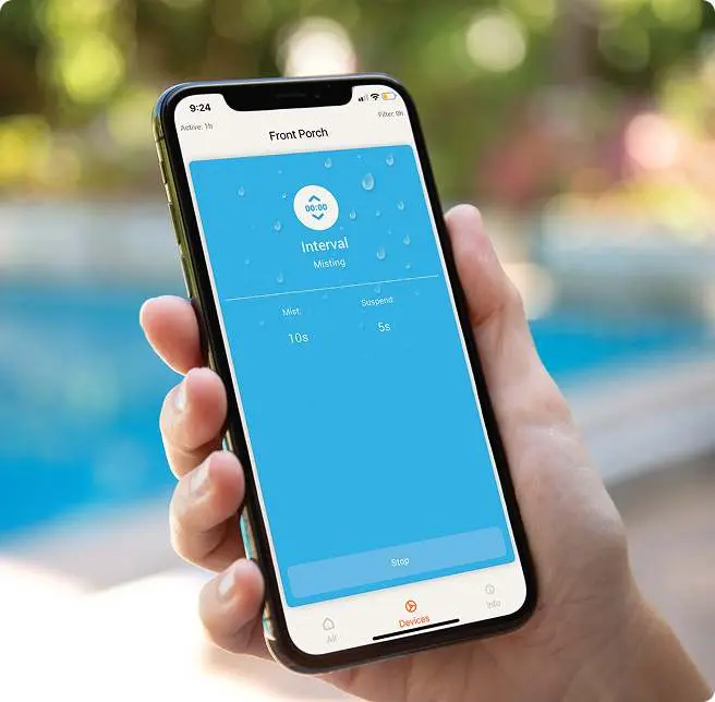 aerMist app controlling a misting system beside a pool